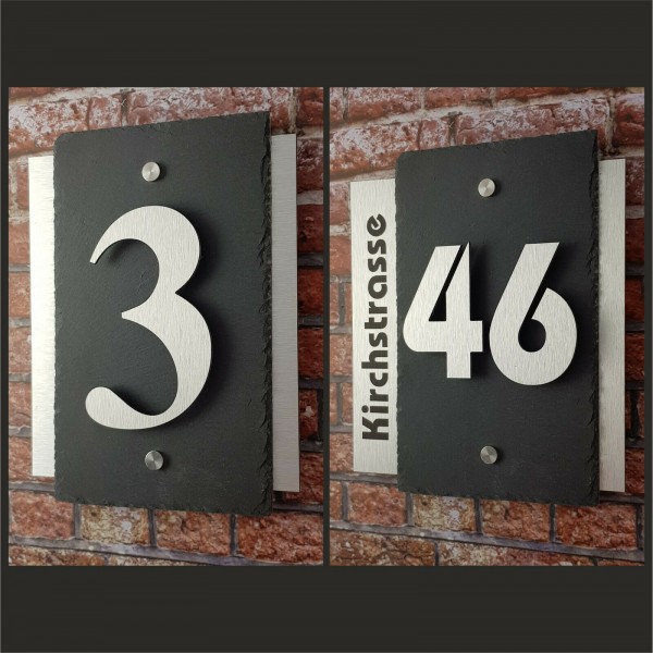 *3D Hausnummer Schiefer Edelstahl Design Hausnummernschild Zahlen Schieferplatte-